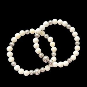Set of 2 Milor Italy Sterling Silver White Agate Beaded Bracelets
